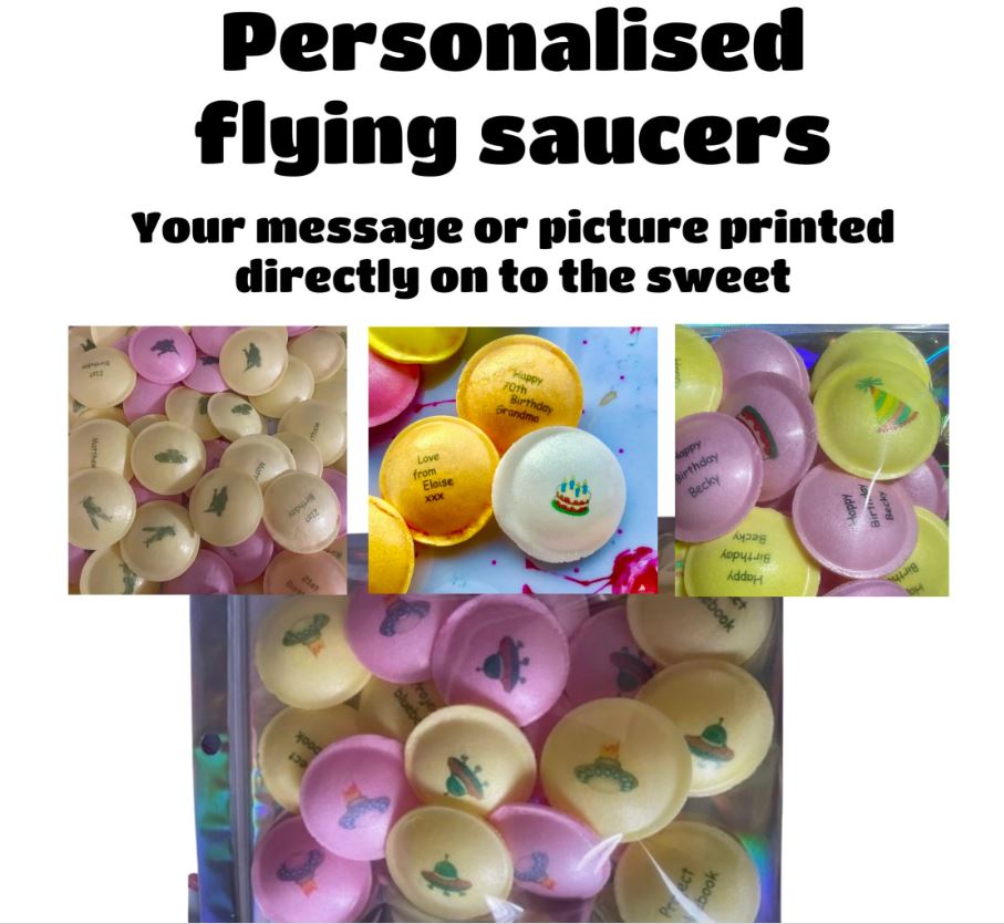 personalised flying saucers personalised retro sweets UFO sweets personalised gift for him gift for her party bag gift