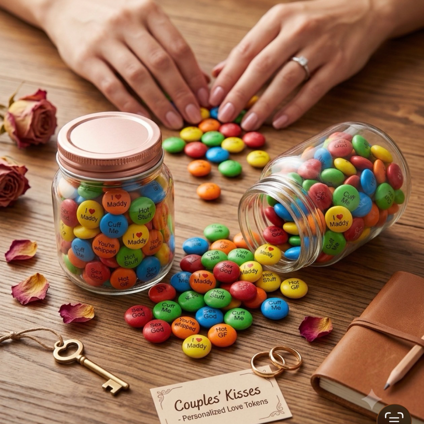 Personalised printed chocolate M&M's in mini jars for wedding and birthdays