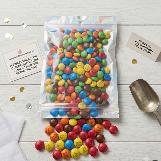 Personalised printed chocolate M&M's in mini jars for wedding and birthdays