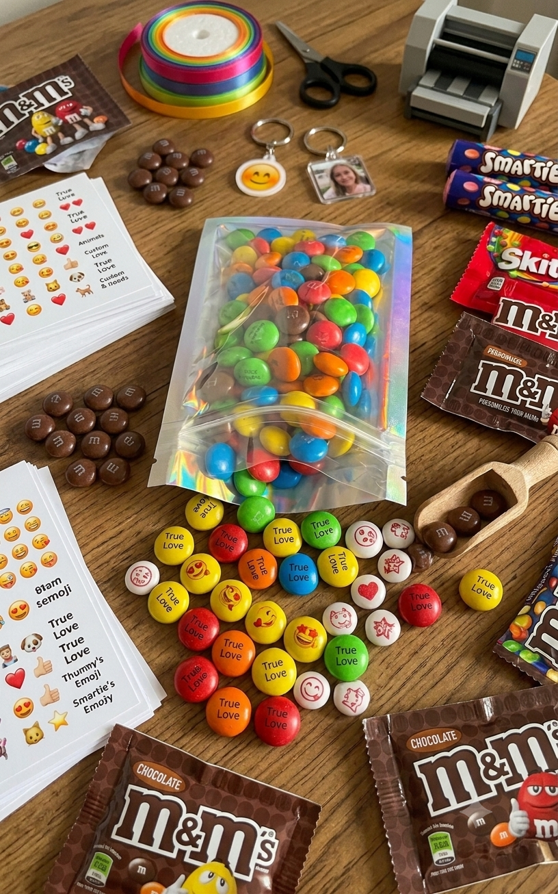 Personalised printed chocolate M&M's in mini jars for wedding and birthdays