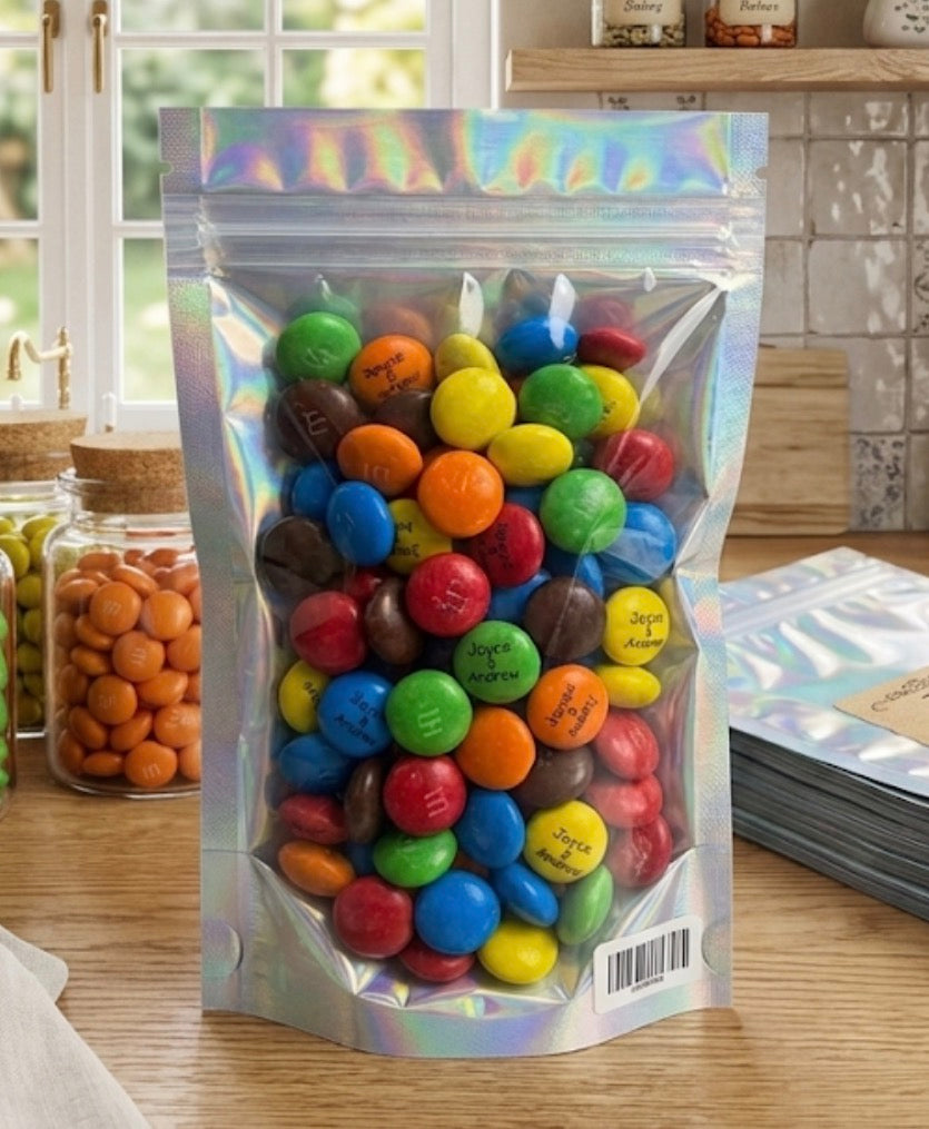 Personalised printed chocolate M&M's in mini jars for wedding and birthdays