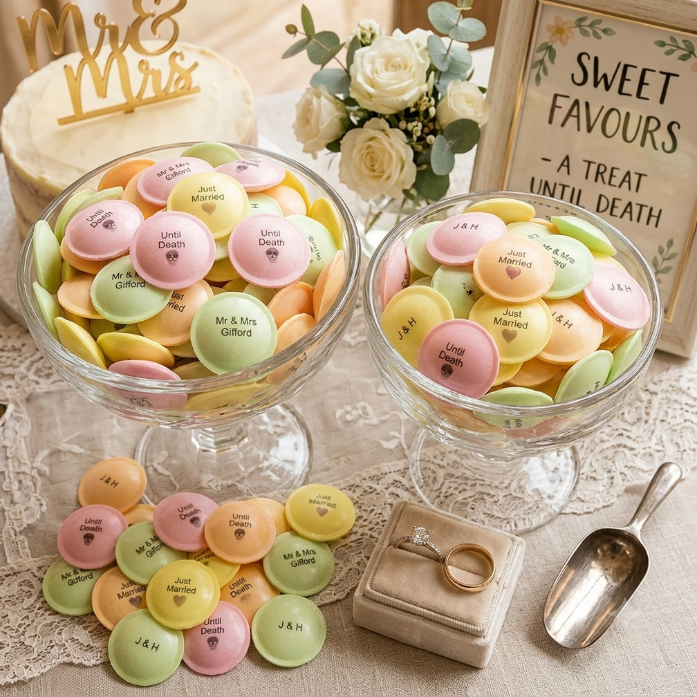 personalised retro sherbet flying saucers for wedding party favours